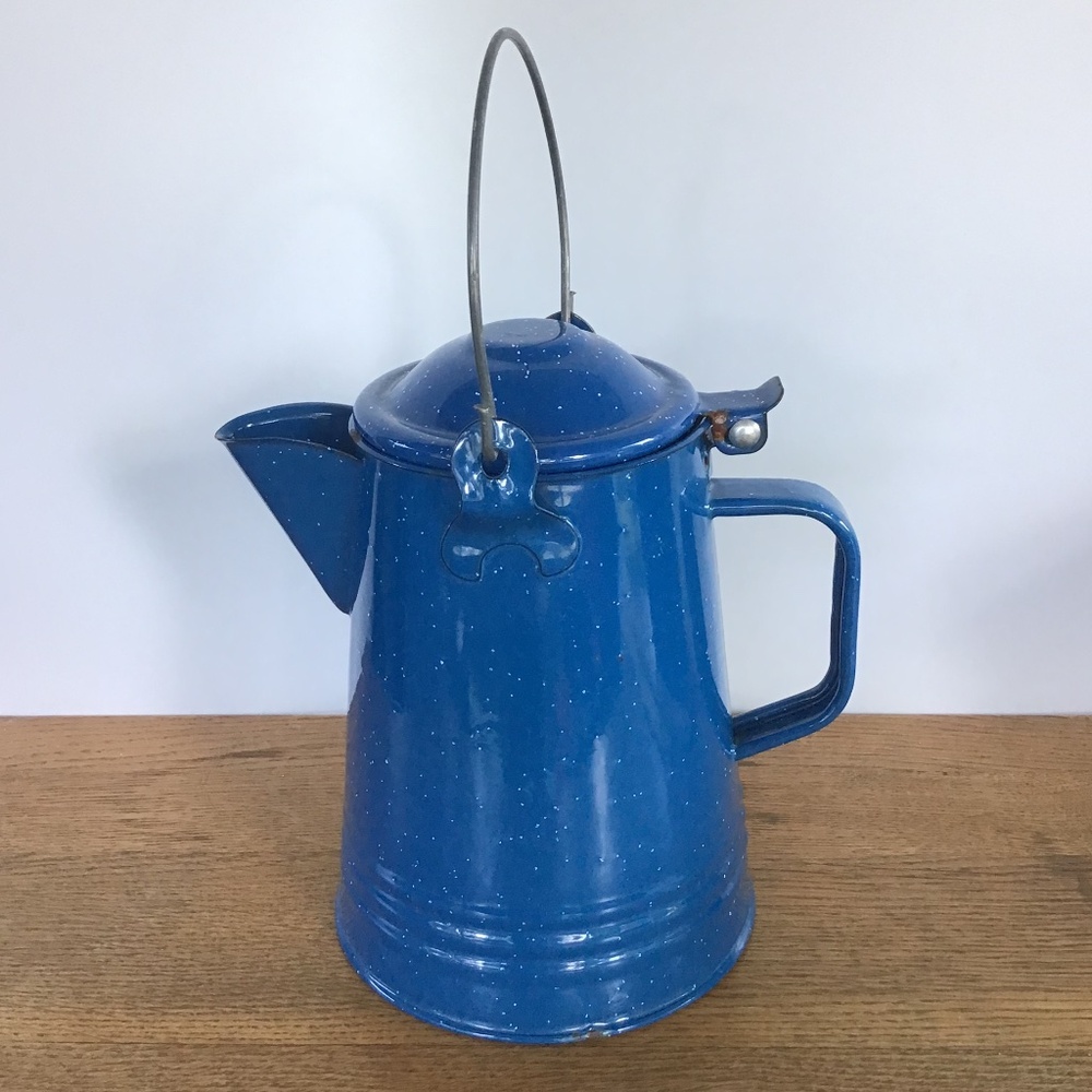 Vintage Blue Speckled Enamel Coffee Pot Kettle Camping Rustic Farmhouse